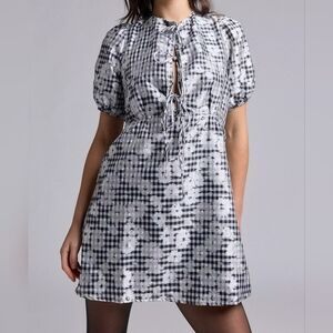 Glamorous Black & White Gingham Floral Short Puff Sleeve Tie-Front Mini Dress, L